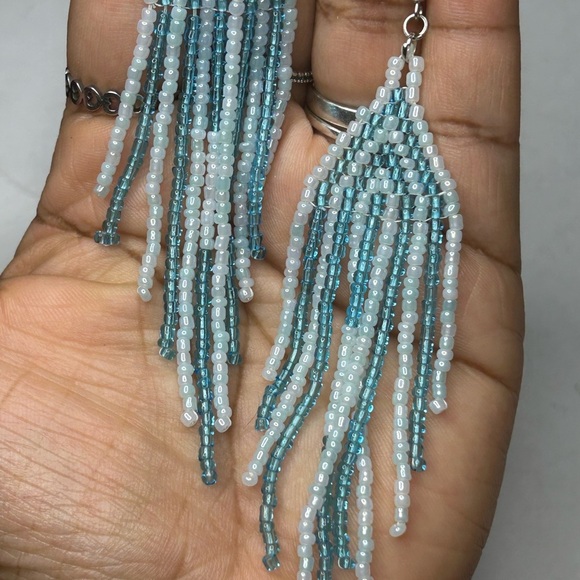 Chic Aqua Beaded Fringe Earrings - Picture 2 of 3